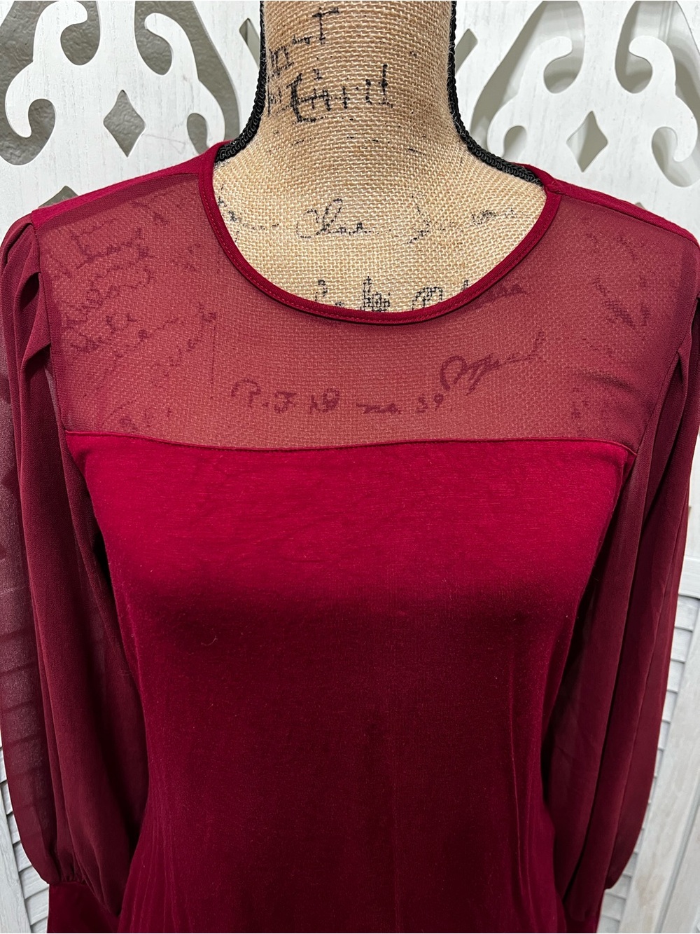Lascana Women’s Mesh Yoke Long Sleeve Top - Burgundy - Picture 3 of 13
